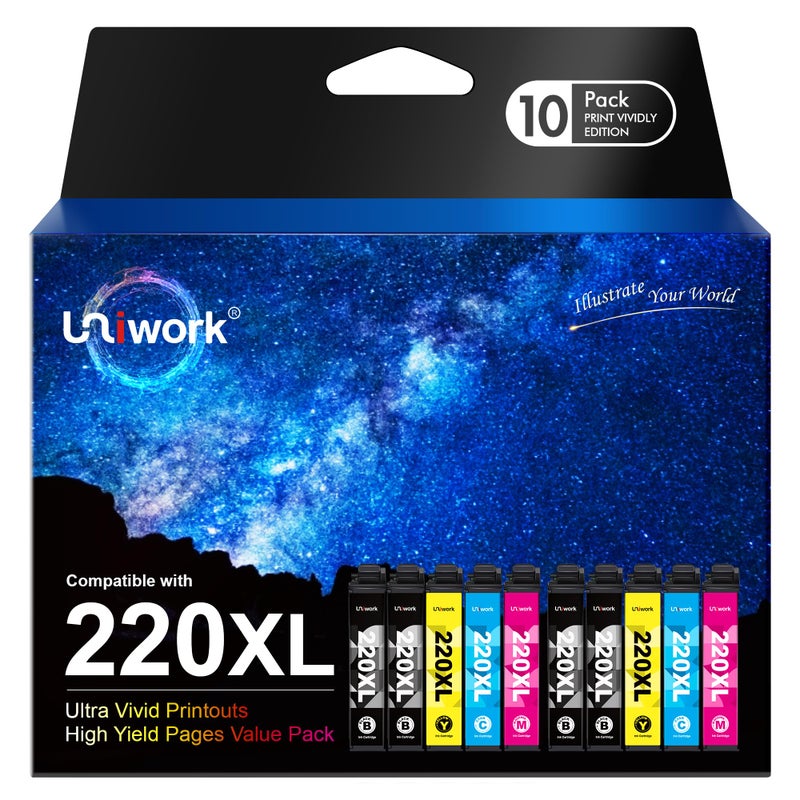 Uniwork 220XL Ink Cartridge, Remanufactured 220XL Ink Cartridge Replacement for Epson 220 XL 220XL T220XL use for Workforce WF-2750 WF-2760 WF-2630 WF-2650 WF-2660 XP-320 XP-420 Printer (10 Pack) - Image 1